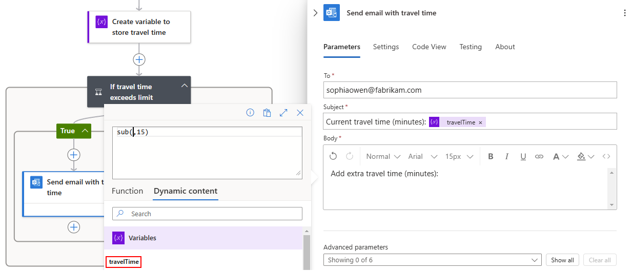 Screenshot shows dynamic content list with travelTime variable selected.