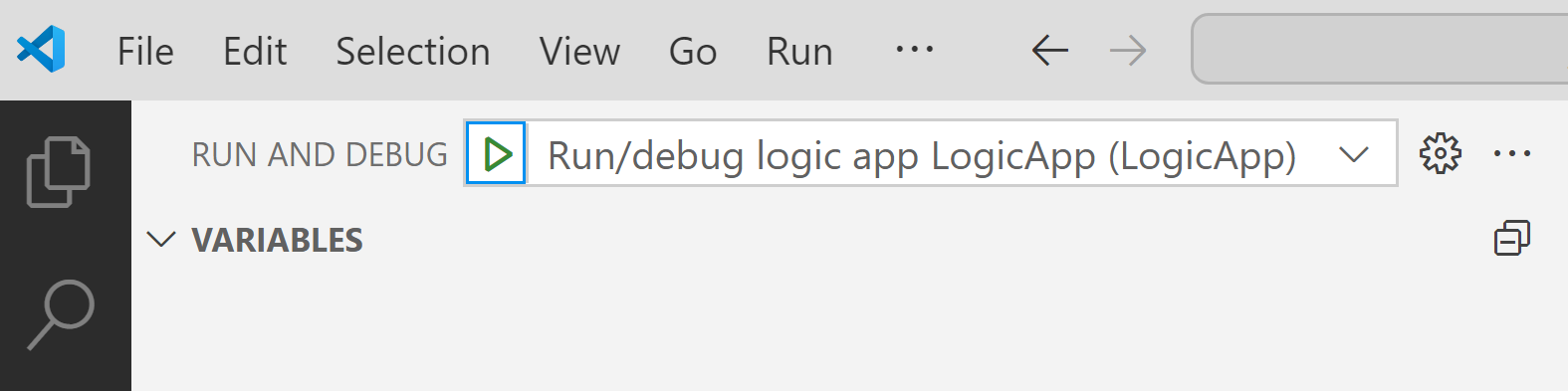 Screenshot shows Run and Debug list with Attach to logic app selected and Play button selected.