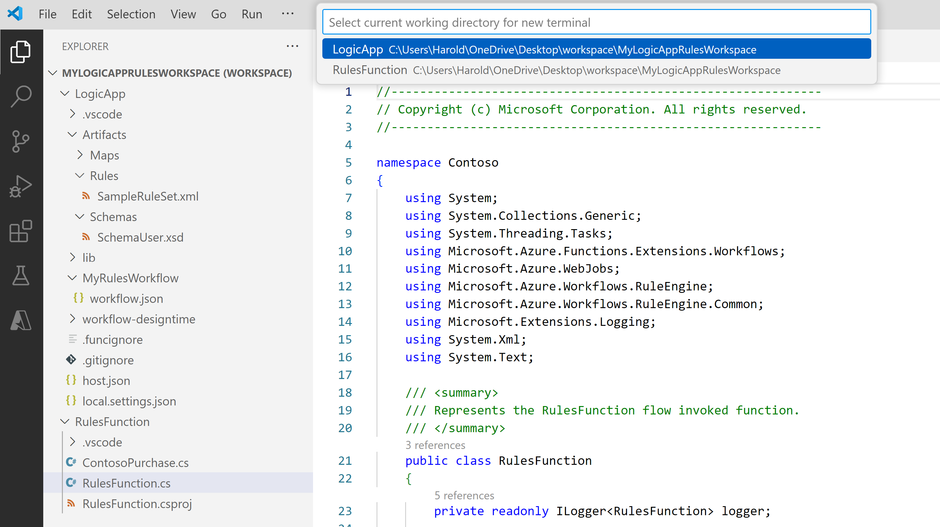 Screenshot shows Visual Studio Code, prompt for current working directory, and selected Functions directory.