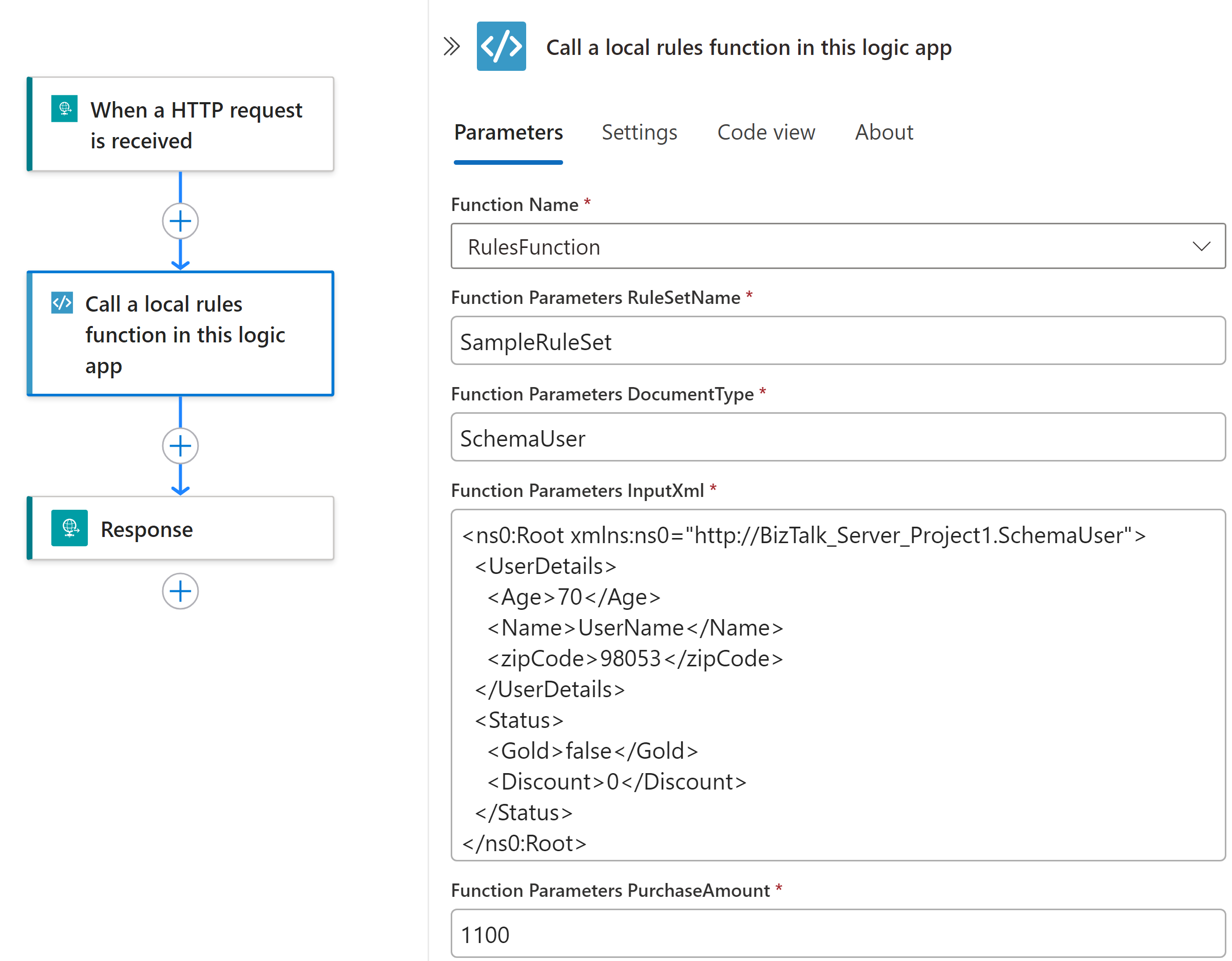 Screenshot shows Visual Studio Code, workflow designer, and default workflow with trigger and actions.