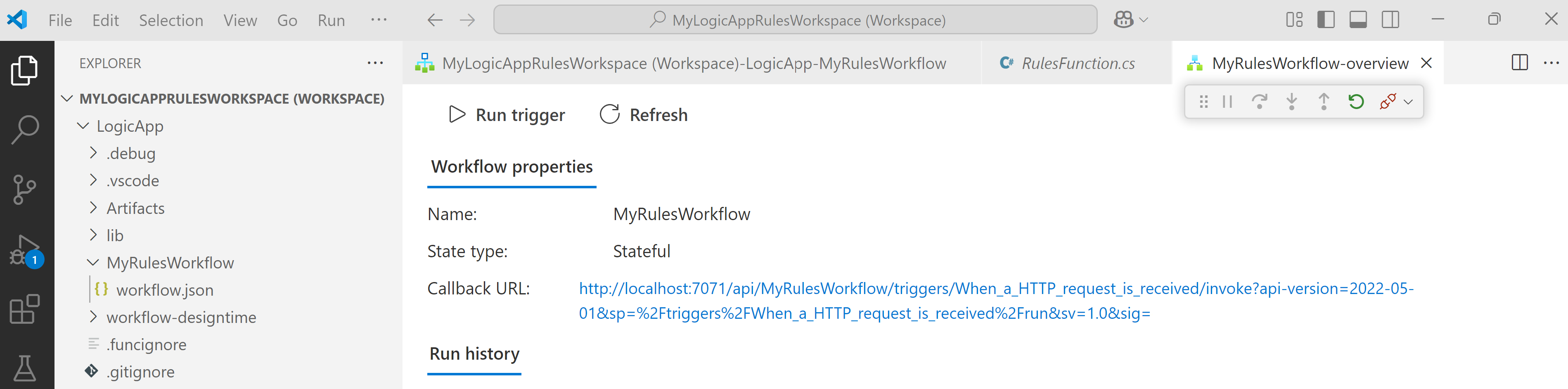 Screenshot shows Visual Studio Code and workflow's Overview page opened.