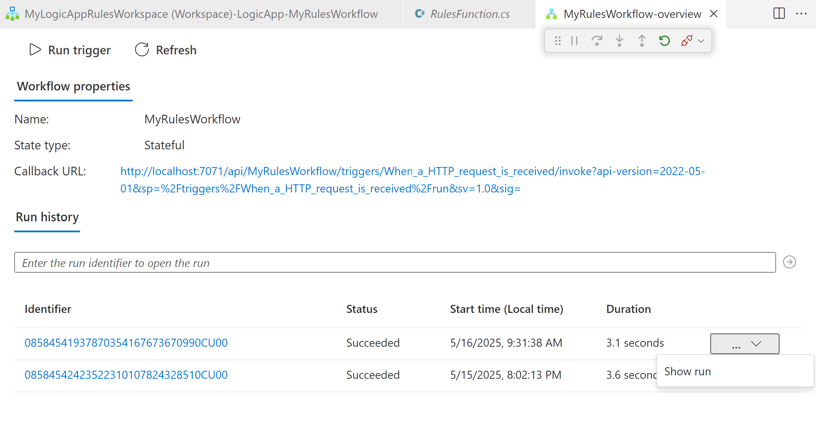 Screenshot shows Visual Studio Code and finished workflow run.