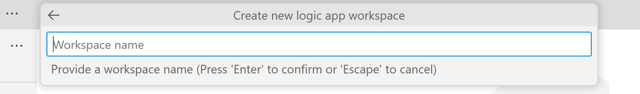 Screenshot shows Visual Studio Code with prompt to enter workspace name.