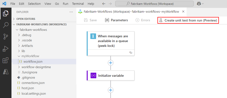 Screenshot shows Visual Studio Code, Standard logic app project, workflow designer, and selected command to create unit test.