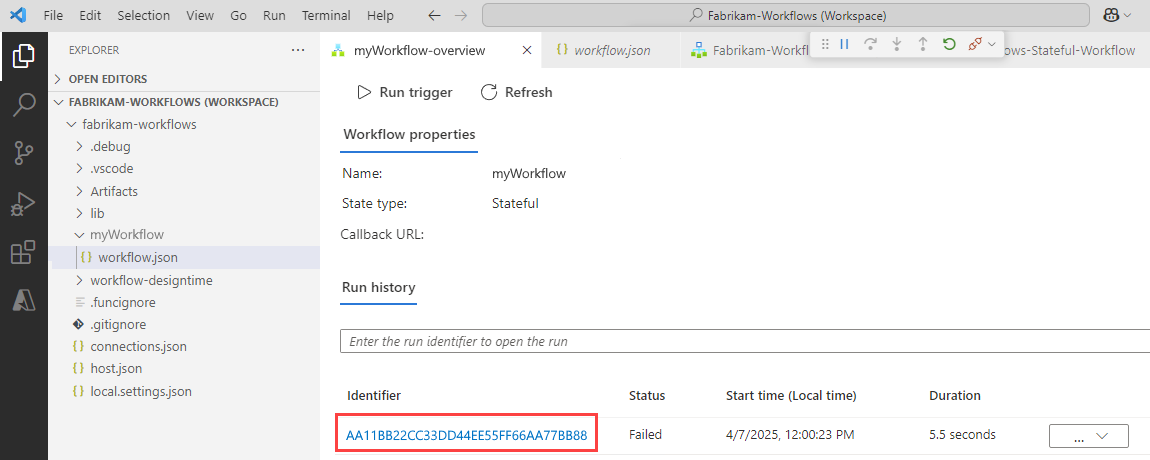 Screenshot shows Visual Studio Code with Standard logic app project, debug mode running, opened workflow overview page, and selected workflow run.