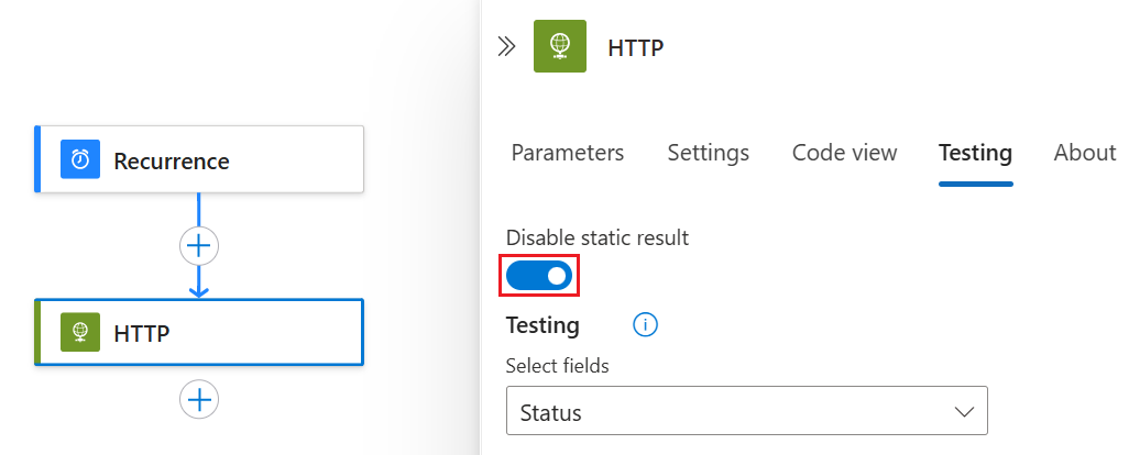 Screenshot shows logic app workflow, HTTP action, and Testing tab with Disable Static Result selected.