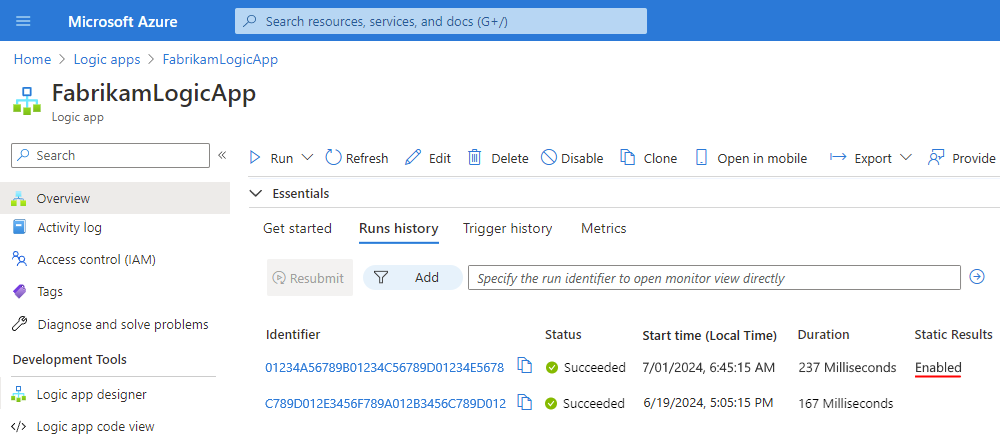 Screenshot shows Consumption workflow run history with the Static Results column.