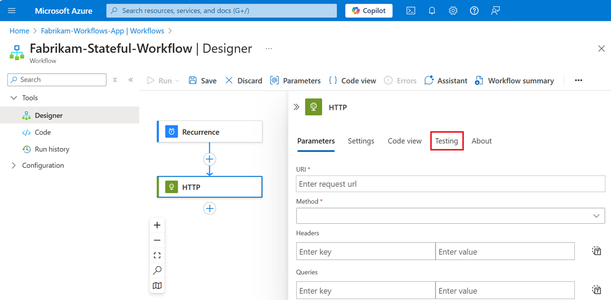 Screenshot shows Standard workflow with HTTP action details pane, and Testing selected.