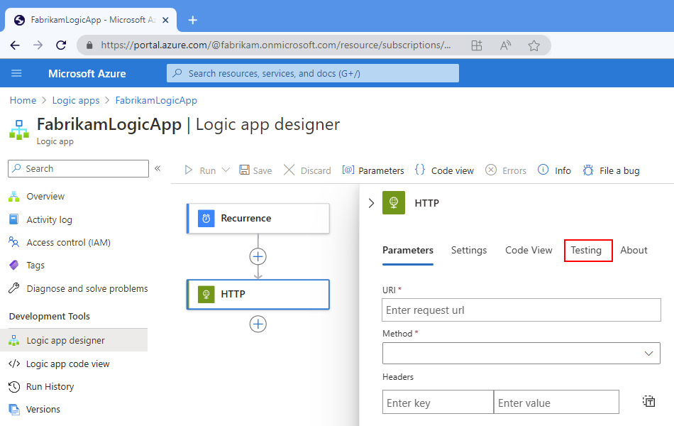 Screenshot shows the Azure portal, Consumption workflow designer, HTTP action information pane, and Testing selected.