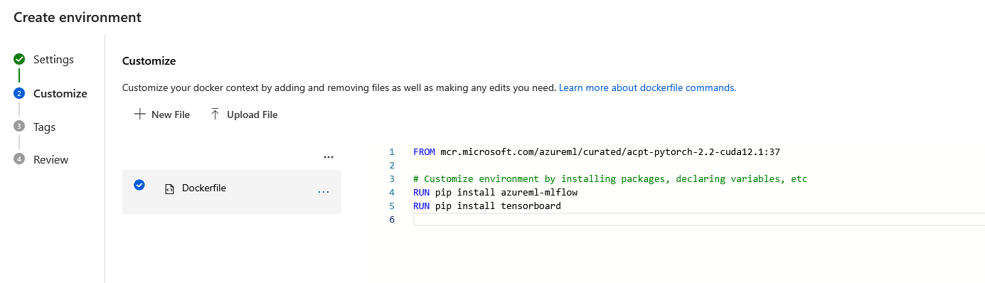 Screenshot of configuring the environment with name, packages with docker context.