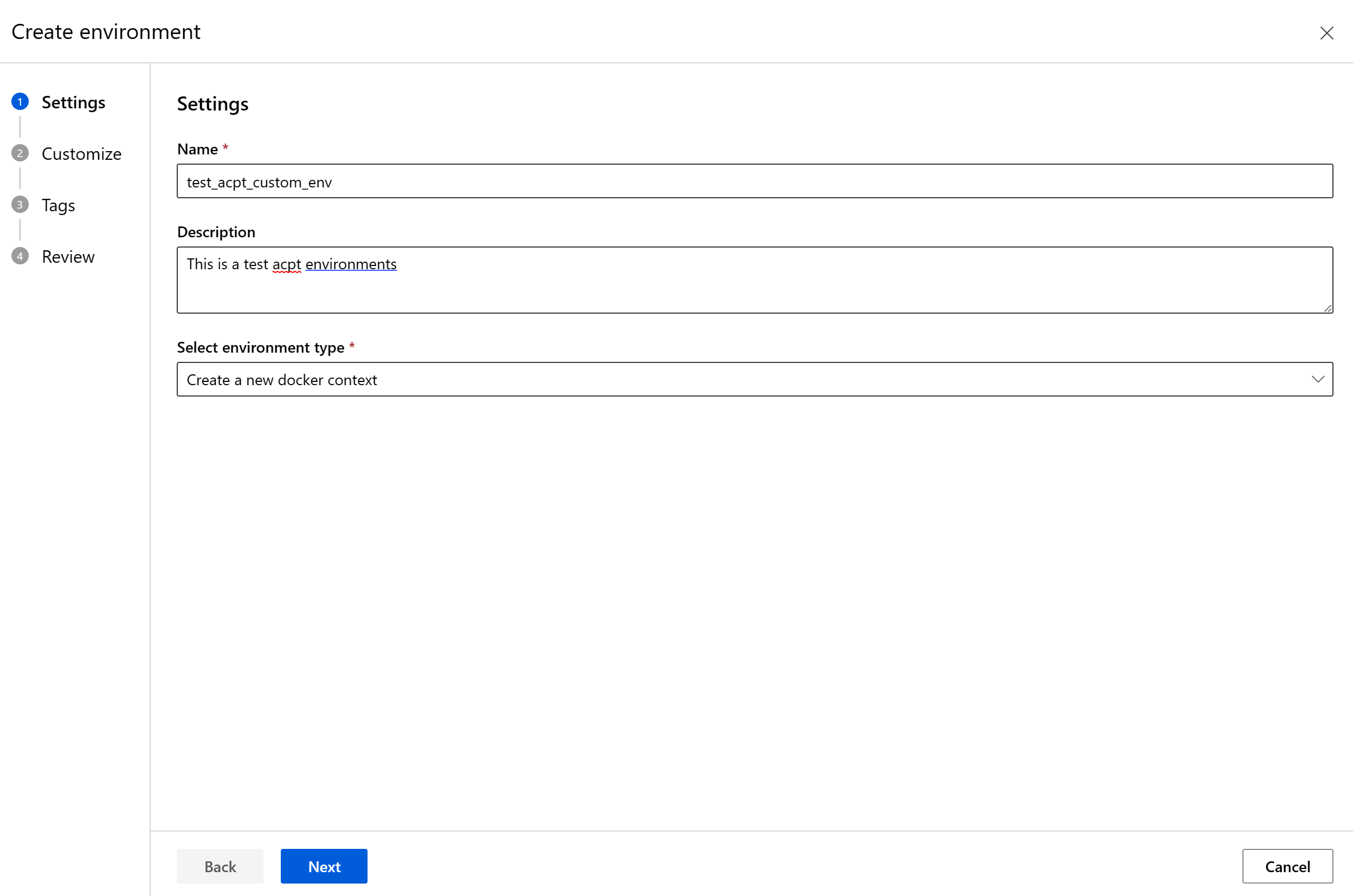 Screenshot of creating custom environment.