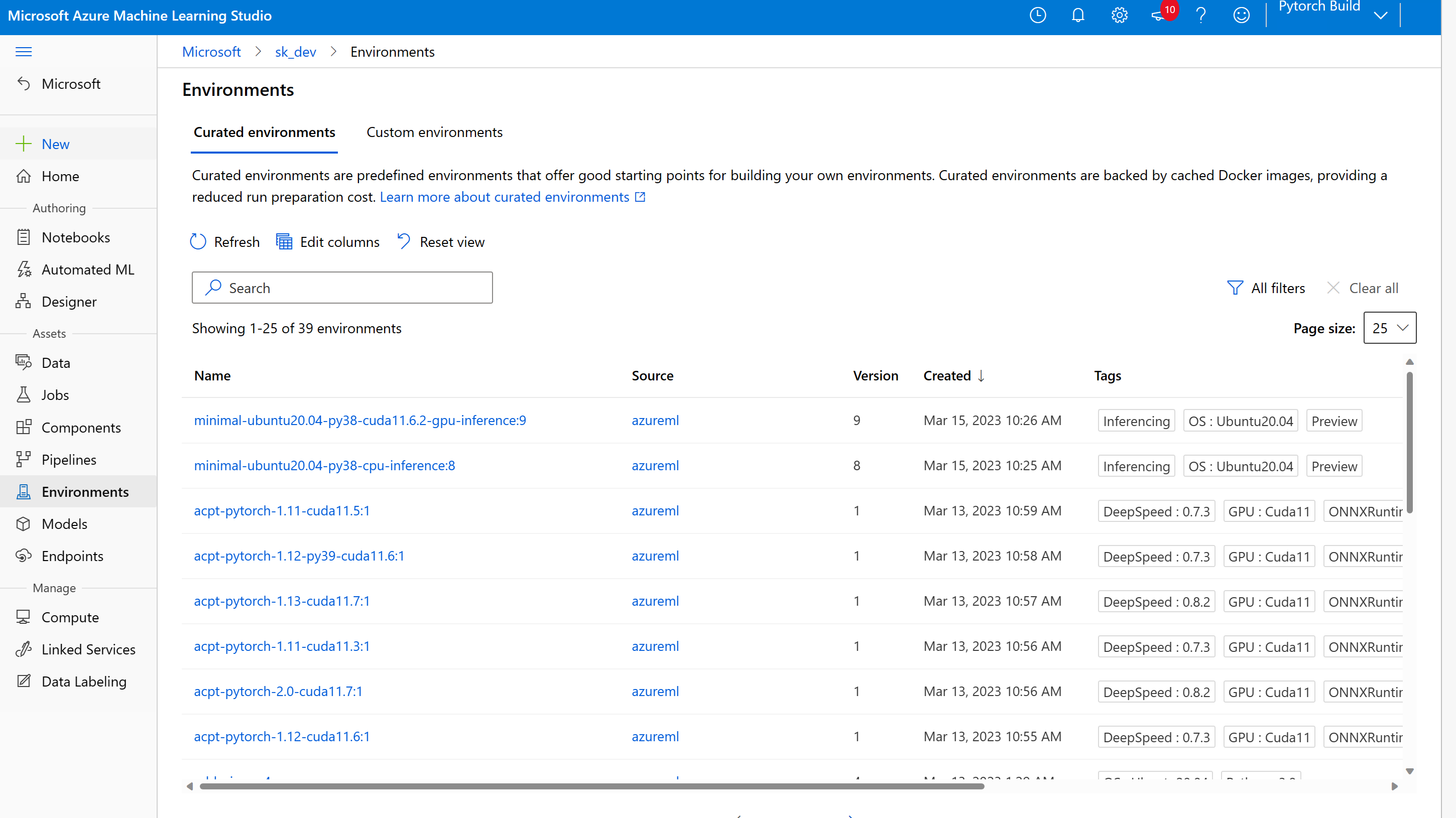 Screenshot of navigating to environments from Azure Machine Learning studio.