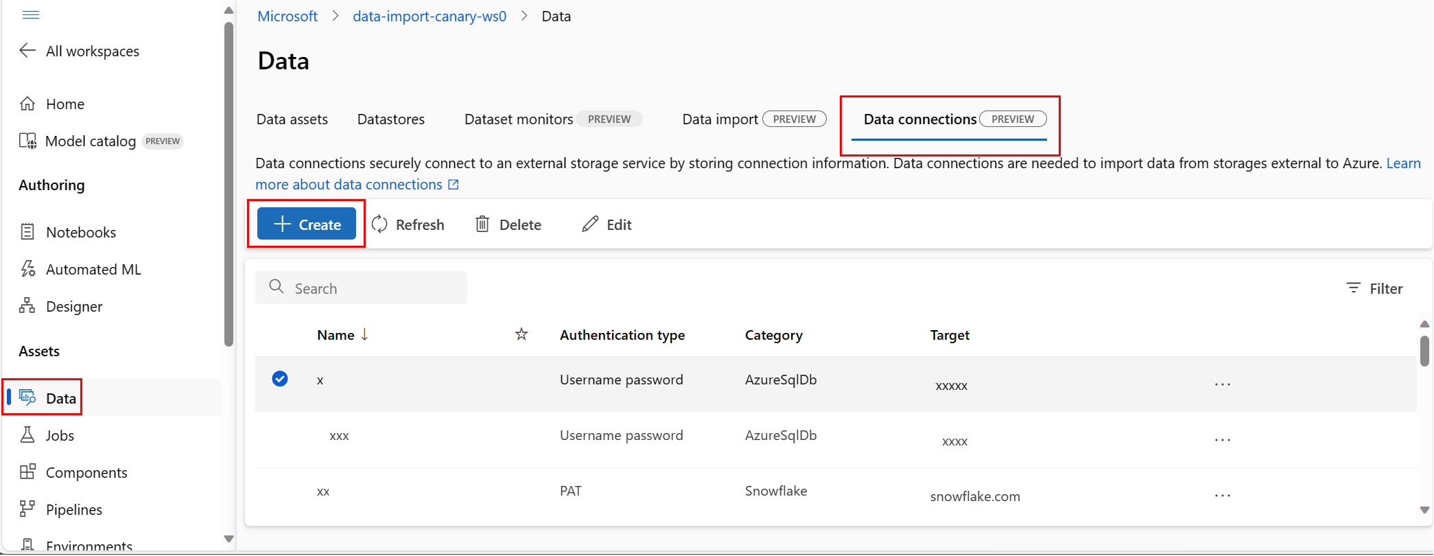 Screenshot showing the start of a new data connection in Azure Machine Learning studio UI.