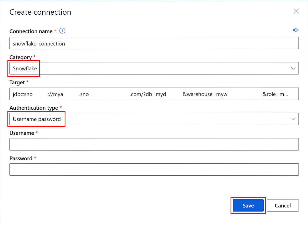 Screenshot showing creation of a new Snowflake connection in Azure Machine Learning studio UI.
