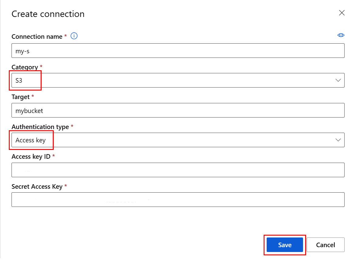 Screenshot showing creation of a new Amazon S3 connection in Azure Machine Learning studio UI.