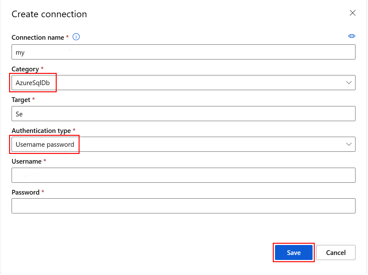 Screenshot showing creation of a new Azure DB connection in Azure Machine Learning studio UI.