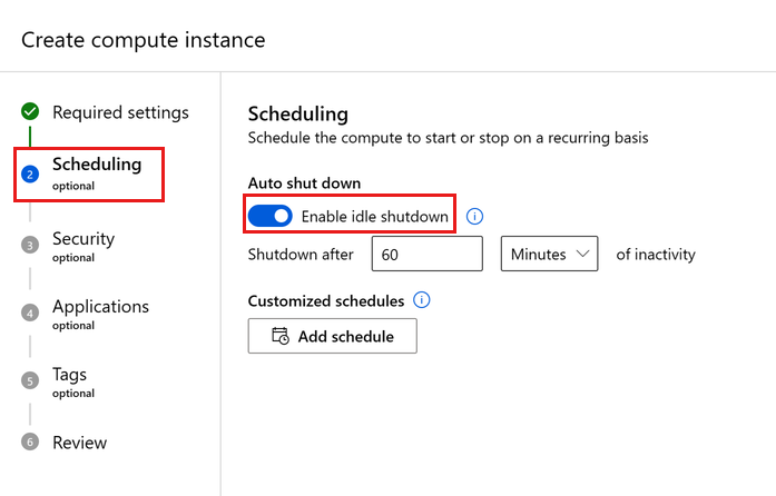 Screenshot: Enable compute instance idle shutdown.