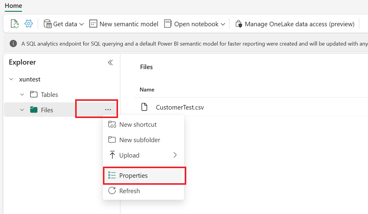 Screenshot that shows how to click into artifact properties of Microsoft Fabric workspace artifact in Microsoft Fabric UI.