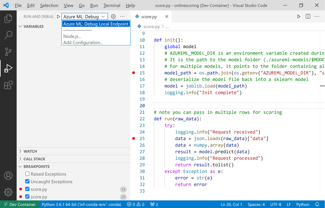 Screenshot showing how to configure Azure Machine Learning Debug Local Environment debug profile.