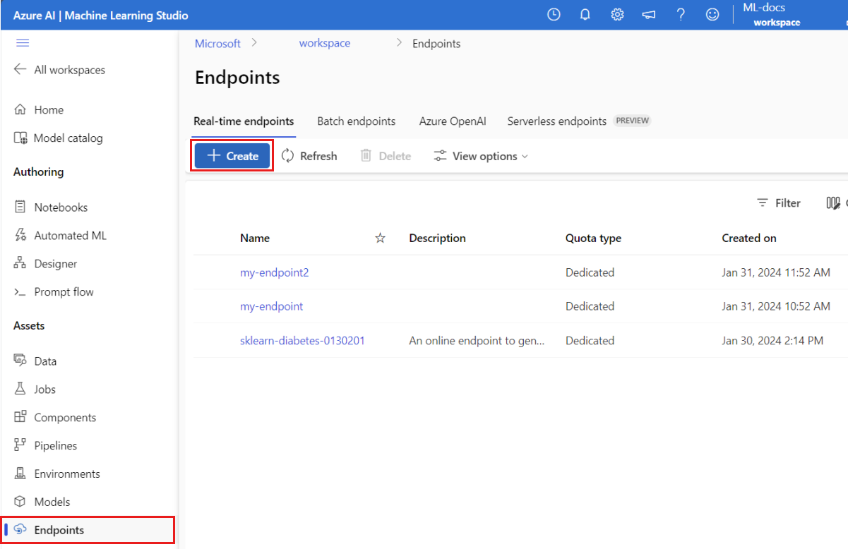 Screenshot of the Endpoints page in the studio. Endpoints and the Create button are highlighted.