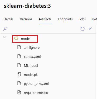 Screenshot that shows the folder that contains the model artifacts.