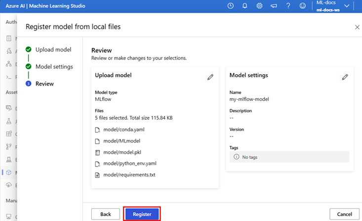 Screenshot of the Review page in the studio. Five uploaded model files are listed, and model settings like the name are visible.