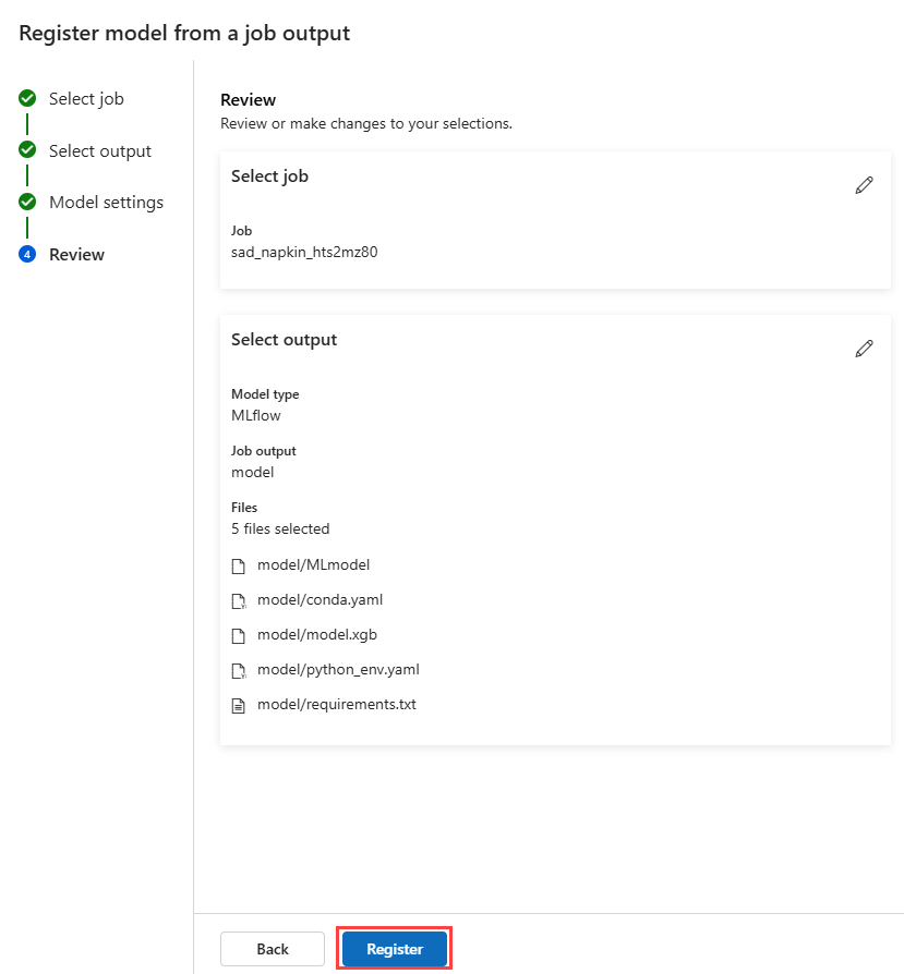 Screenshot of the Review page in the Register model from a job output wizard in the studio. The job name and output model files are visible.