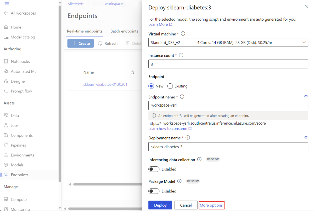 Screenshot of an endpoint configuration page in the studio. The More options button is highlighted.