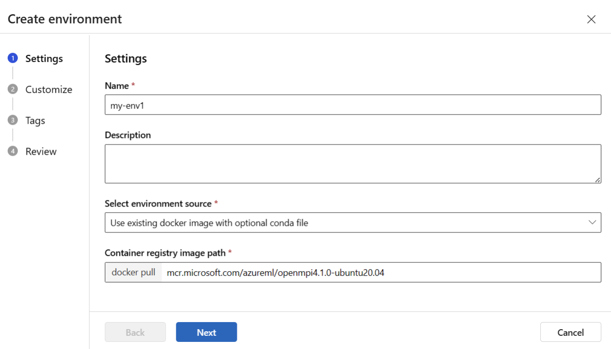 Screenshot that shows how to create a custom environment.