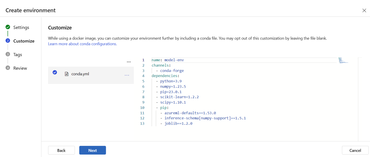 Screenshot that shows how to customize the environment by using a conda file.