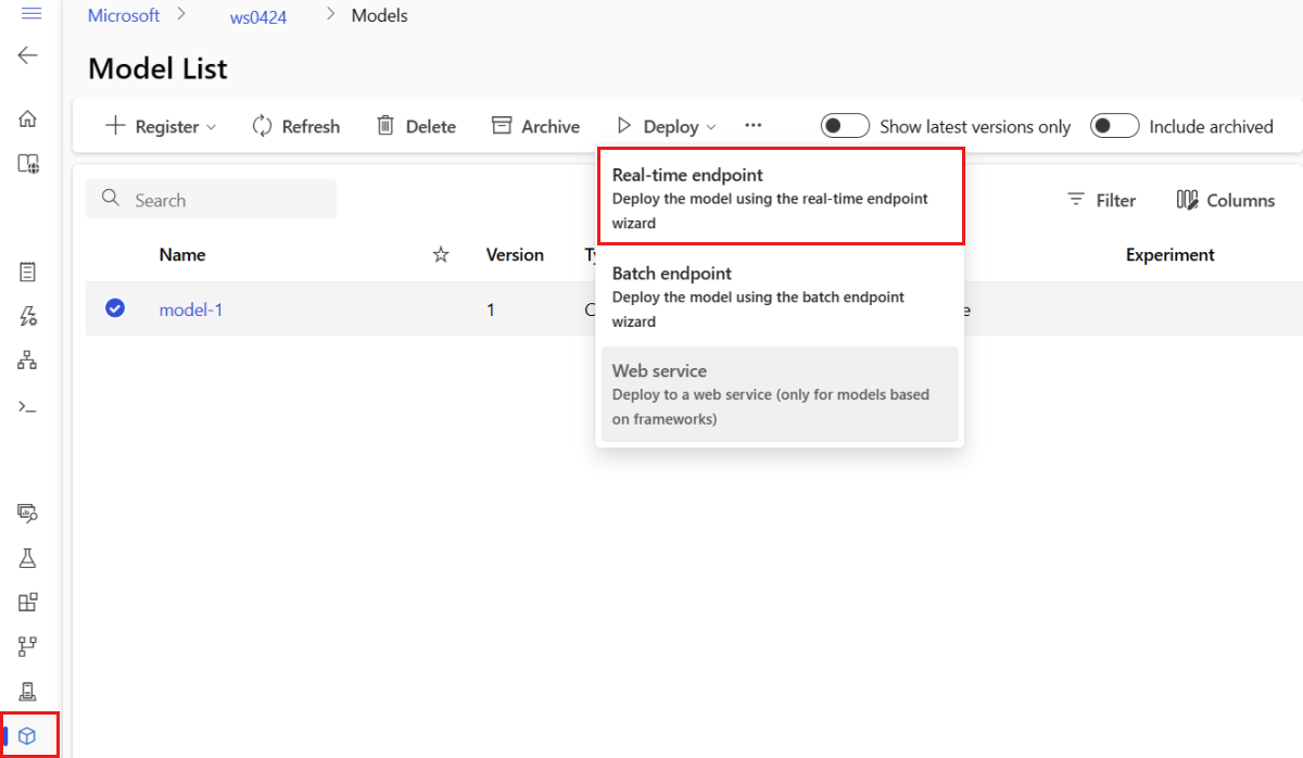 Screenshot that shows creating a managed online endpoint from the Models UI.