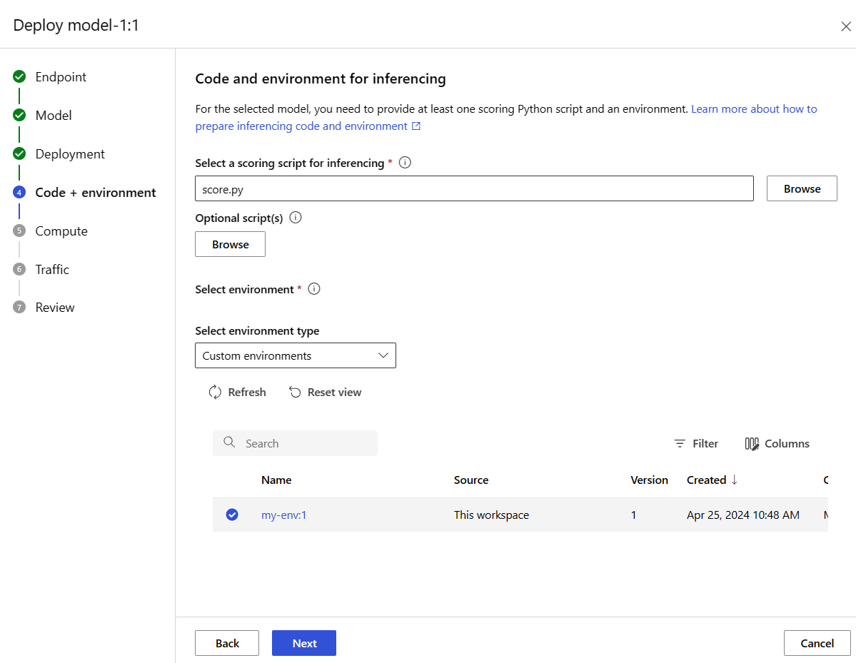 Screenshot that shows selecting a custom environment for deployment.