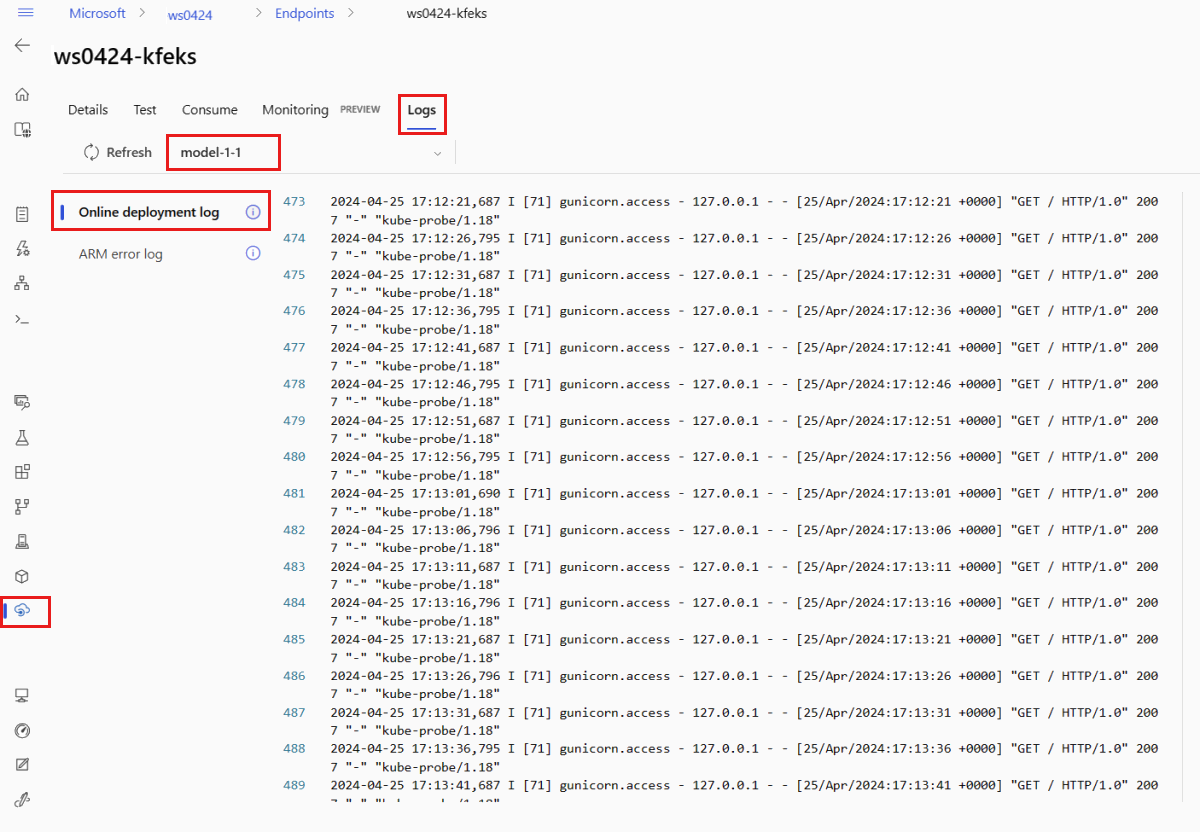 Screenshot that shows observing deployment logs in the studio.