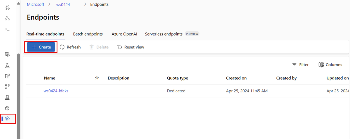 Screenshot that shows creating a managed online endpoint from the Endpoints tab.