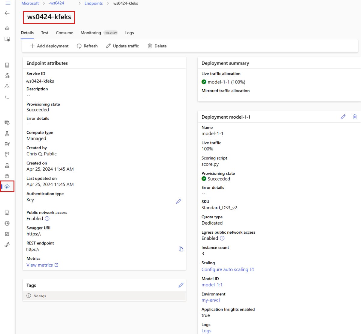 Screenshot that shows managed endpoint details view.