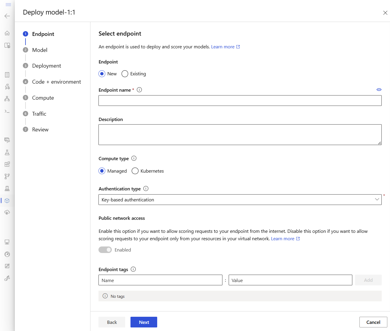 Screenshot that shows a managed online endpoint create wizard.