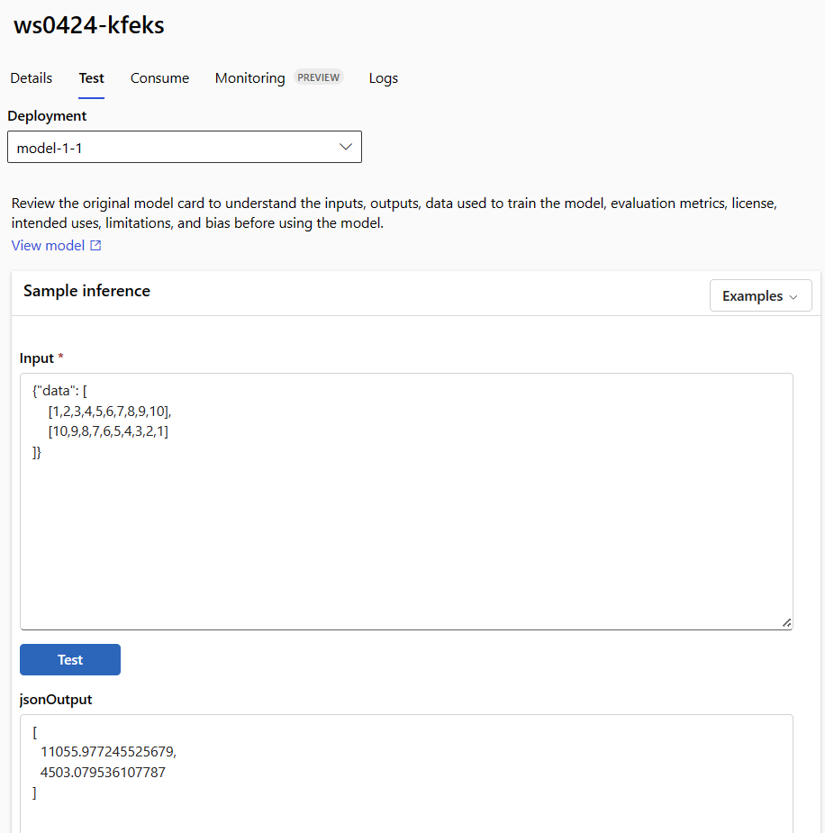 Screenshot that shows testing a deployment by providing sample data directly in your browser.