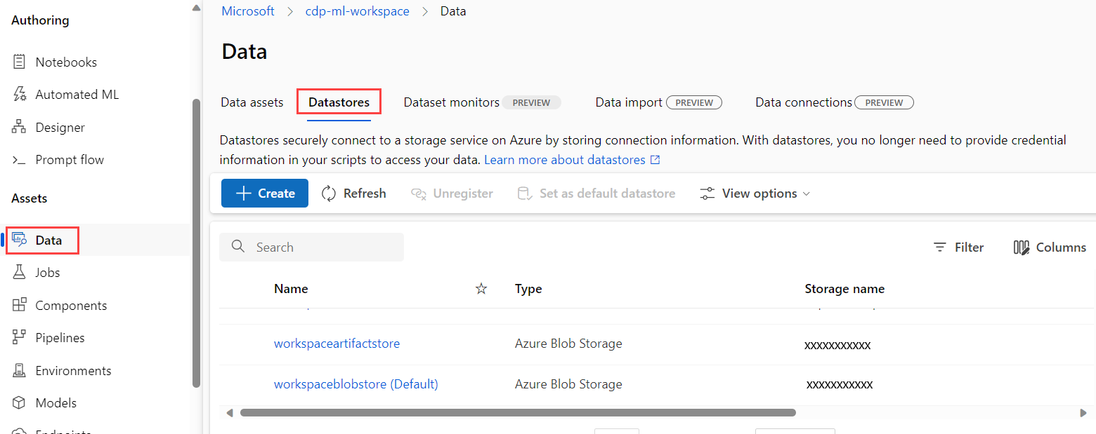 Screenshot showing where default datastores can be found.