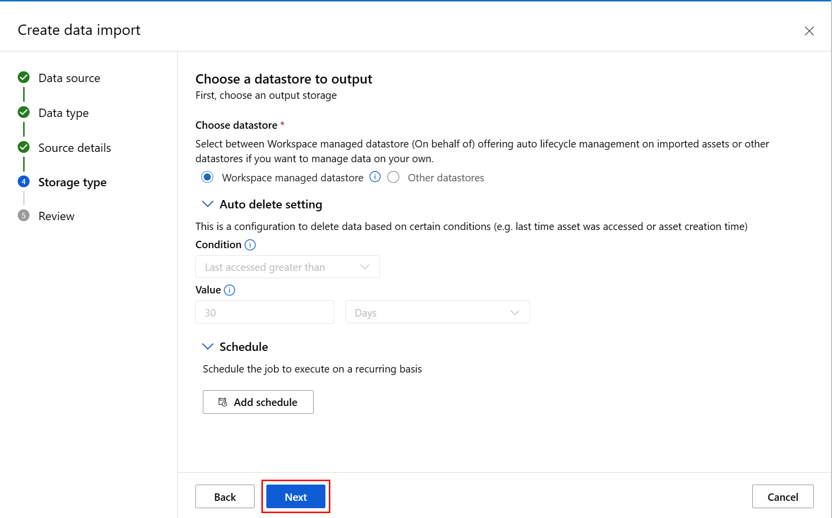 Screenshot that shows details of the data source to output.