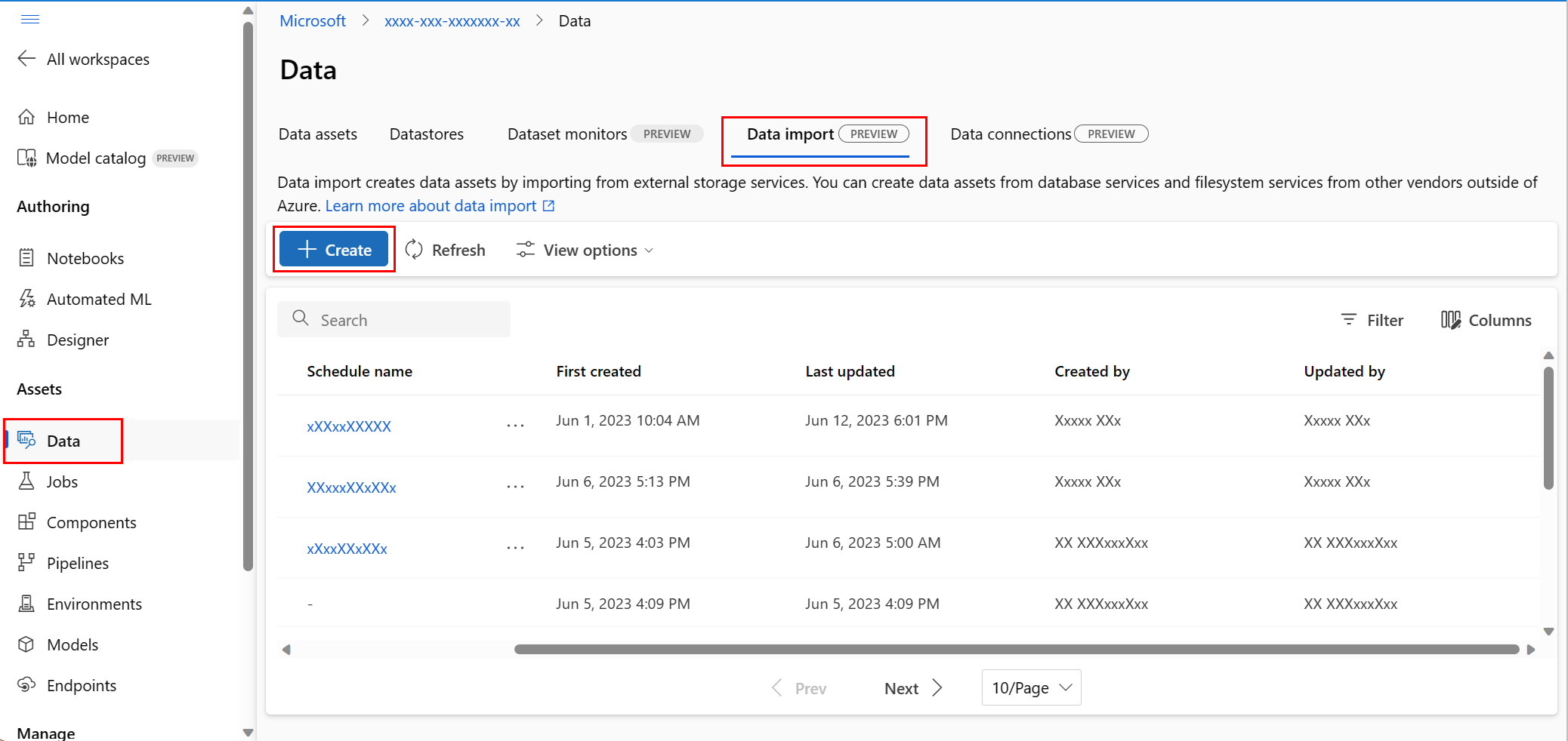 Screenshot showing creation of a new data import in Azure Machine Learning studio UI.
