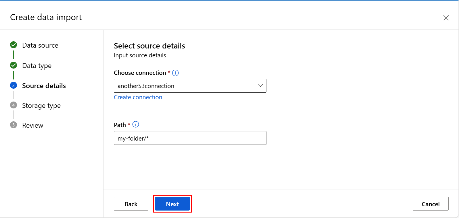 Screenshot showing details of the data source selection.