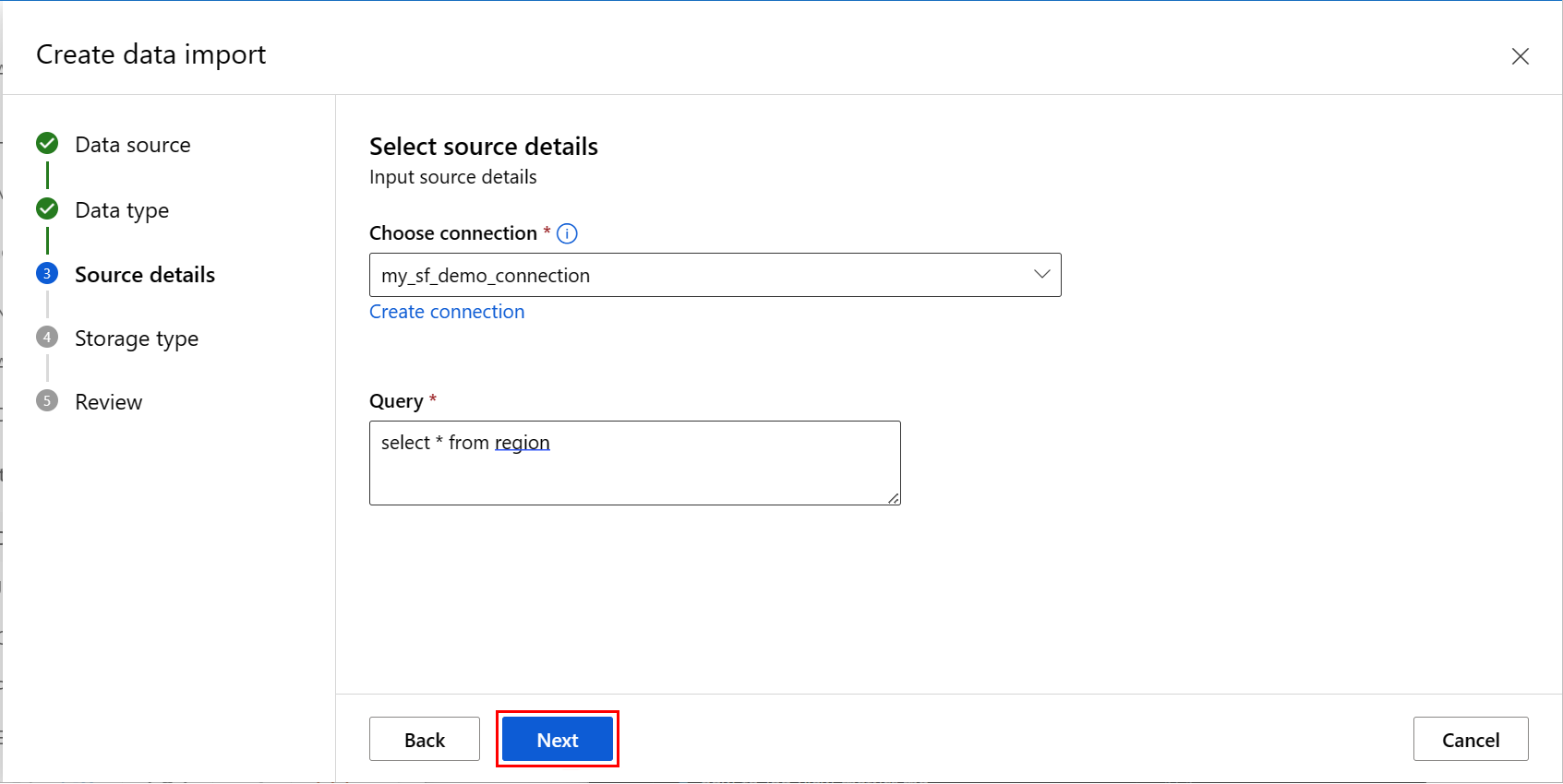 Screenshot that shows details of the data source selection.