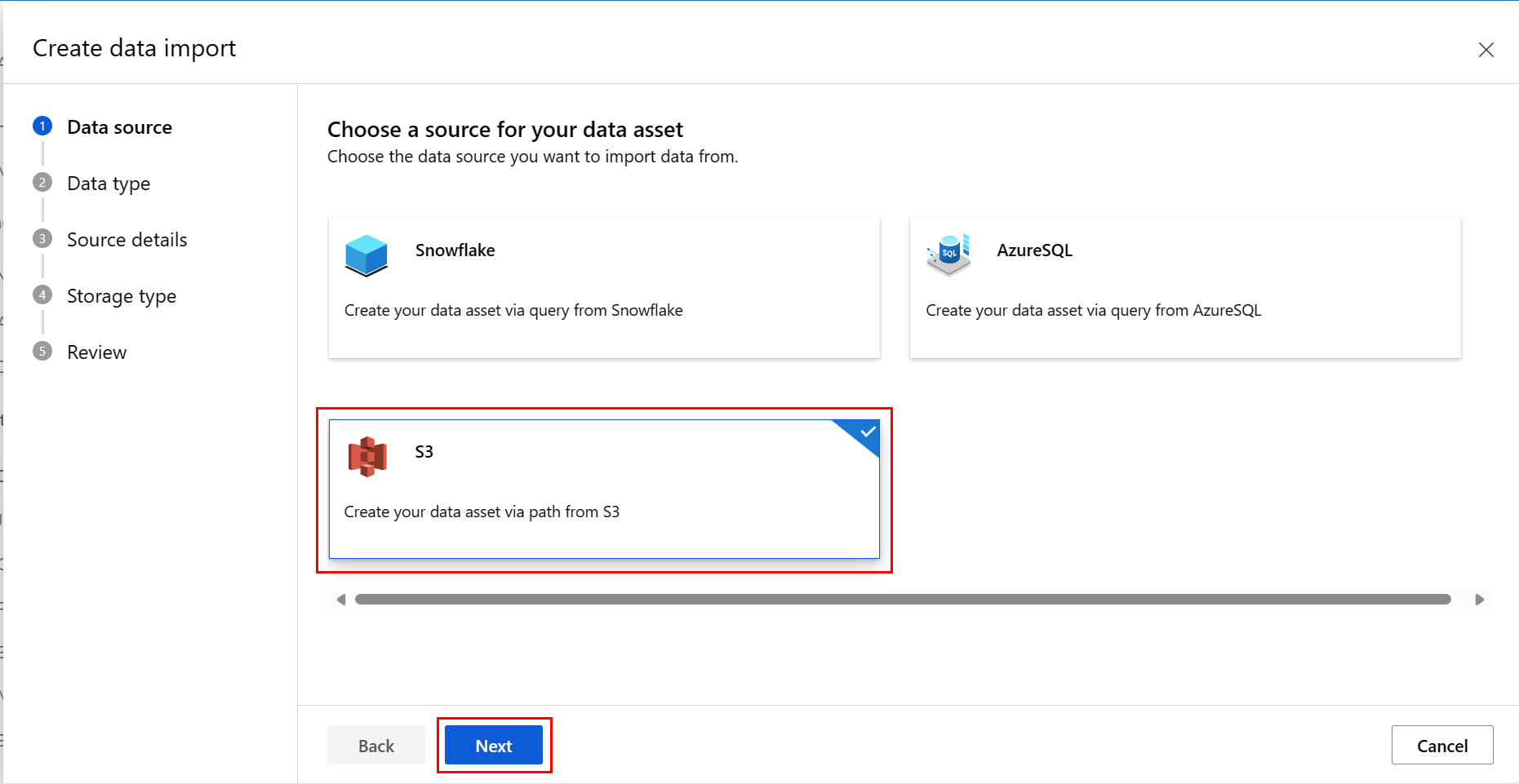 Screenshot showing selection of an S3 data asset.