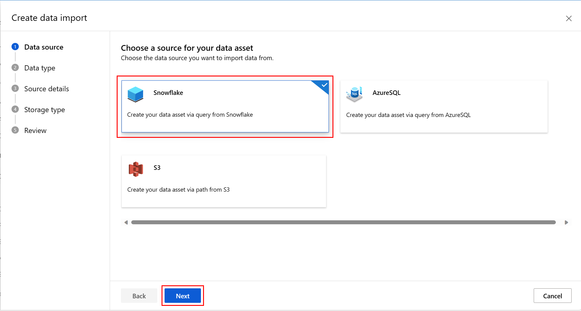 Screenshot showing selection of a Snowflake data asset.
