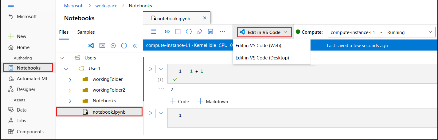 Screenshot of how to connect to Compute Instance VS Code (Web) Azure Machine Learning Notebook.