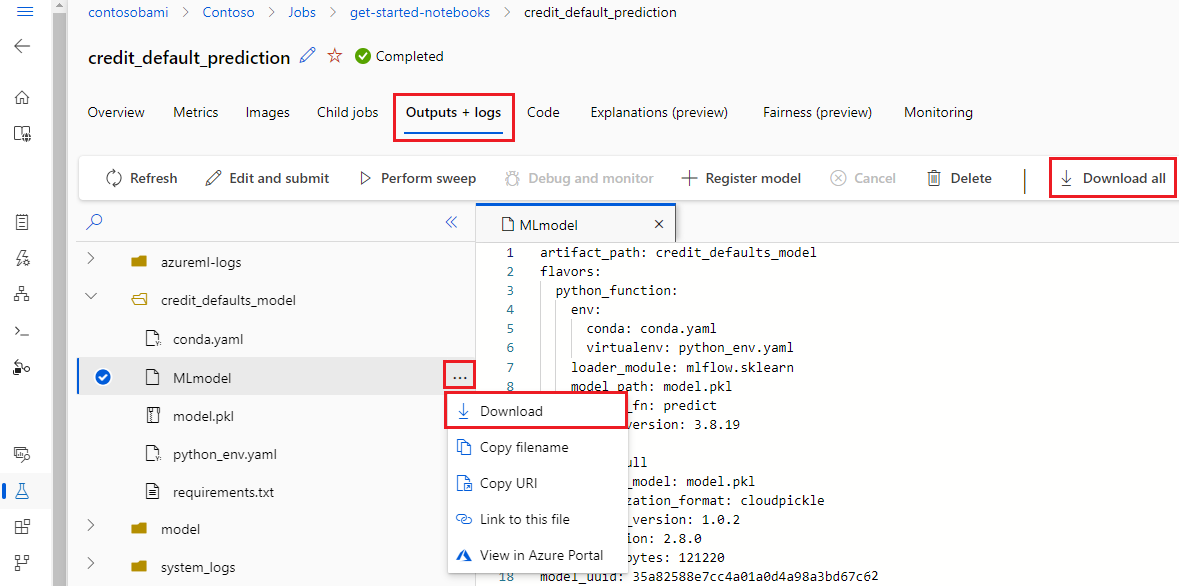 Screenshot showing how to download an output file or all outputs from a pipeline job.
