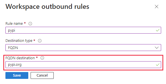 Screenshot of updating an approved outbound network by adding an FQDN rule for an approved outbound managed virtual network.