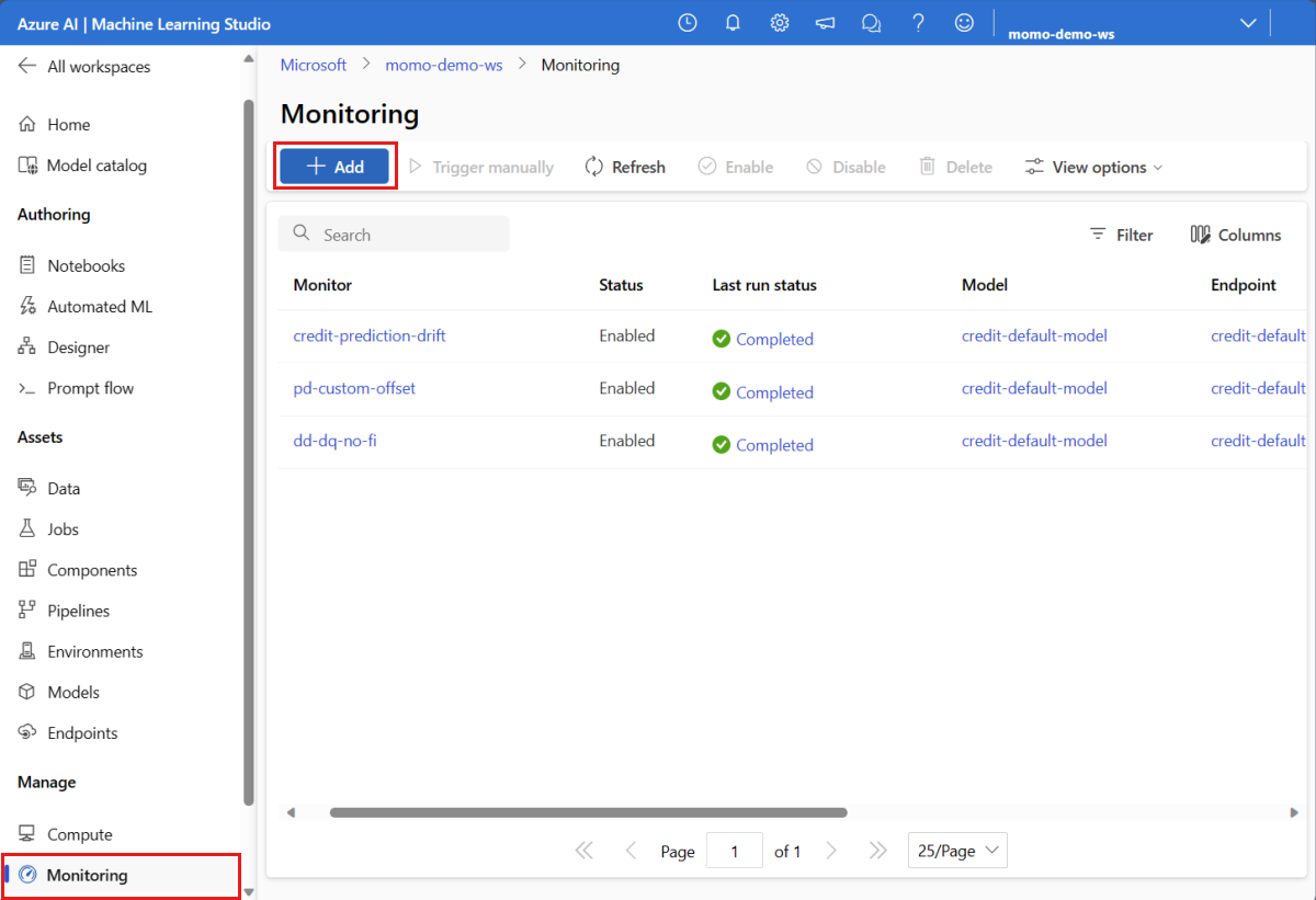 Screenshot of an Azure Machine Learning studio workspace Monitoring page, with the Monitoring and Add buttons highlighted and a few monitors visible.