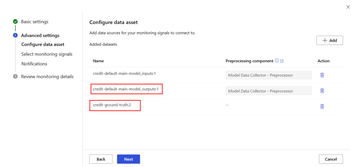 Screenshot of the Configure data asset page. Ground truth, input, and output data assets are visible. Output and ground truth assets are highlighted.