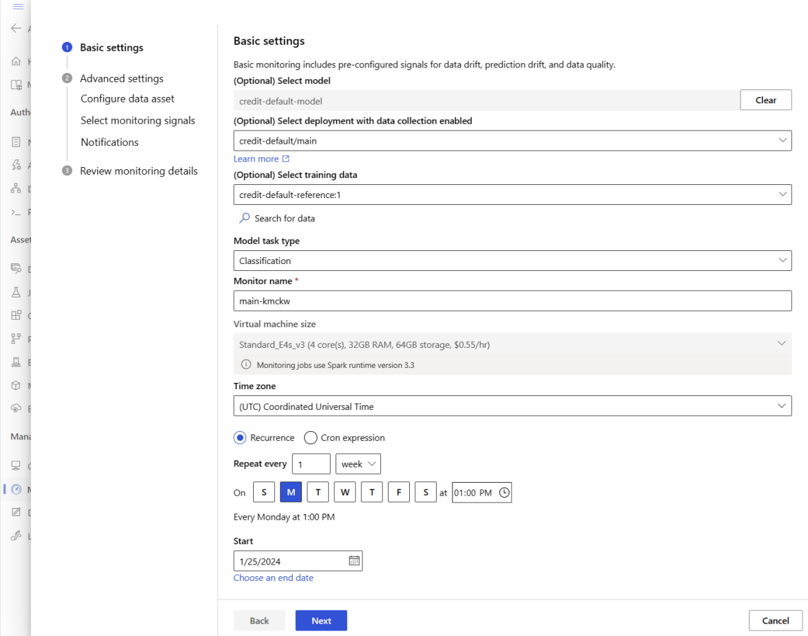 Screenshot of the Basic settings page for model monitoring, with settings like the name, model, and deployment filled in.